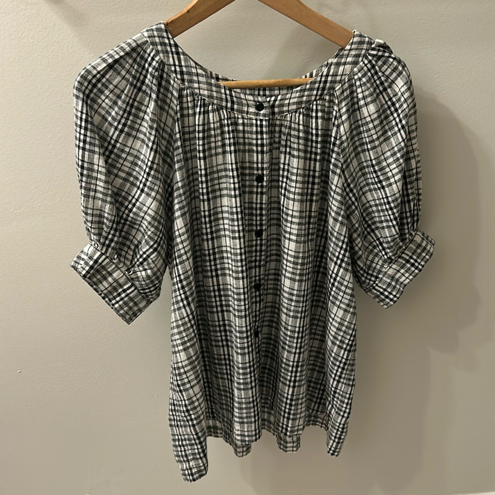 The Great. Women's The Puff Sleeve Button-Up Shirt, Size 1 - Black and White